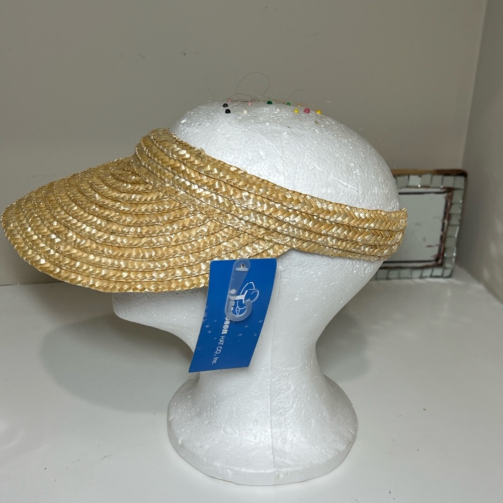 Tan Straw Sun Visor Hat with Elastic Band